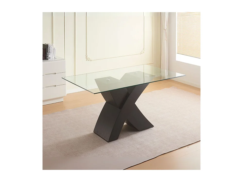 Tavolo fisso Duncan con piano in vetro e gambe incrociate effetto legno nero 150x90x76H