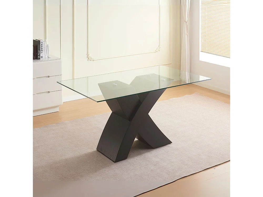 Tavolo fisso Duncan con piano in vetro e gambe incrociate effetto legno nero 150x90x76H