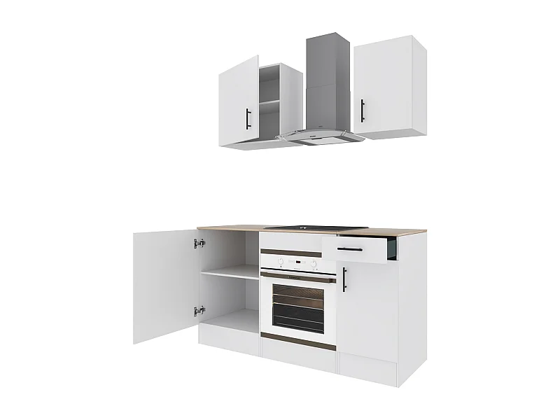 Cucina Componibile Completa Da 160 Cm Moderna Salvaspazio con Cassetti Ammortizzati Piedini Regolabili Moduli Pensili Facile Da Installare Bianco Lucido e Rovere