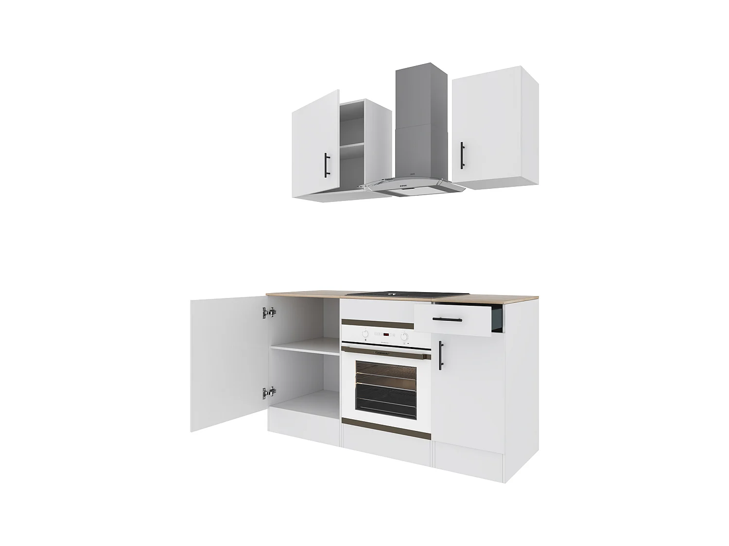 Cucina Componibile Completa Da 160 Cm Moderna Salvaspazio con Cassetti Ammortizzati Piedini Regolabili Moduli Pensili Facile Da Installare Bianco Lucido e Rovere