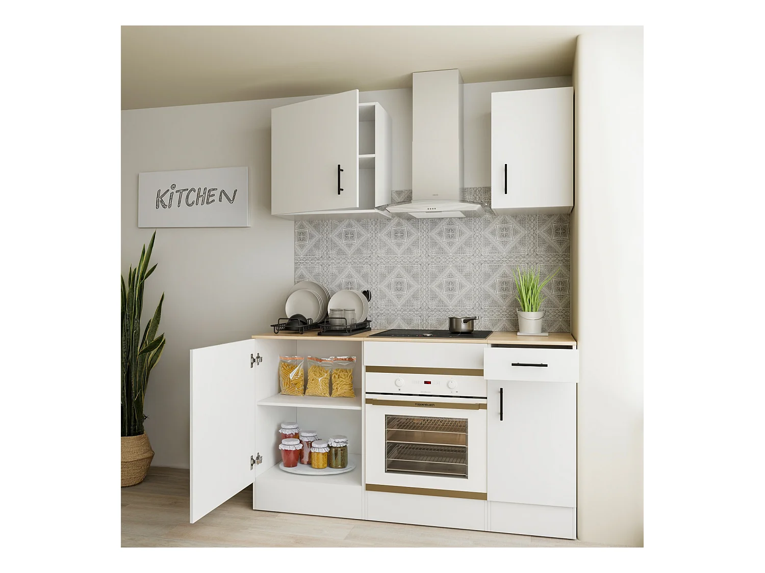 Cucina Componibile Completa Da 160 Cm Moderna Salvaspazio con Cassetti Ammortizzati Piedini Regolabili Moduli Pensili Facile Da Installare Bianco Lucido e Rovere