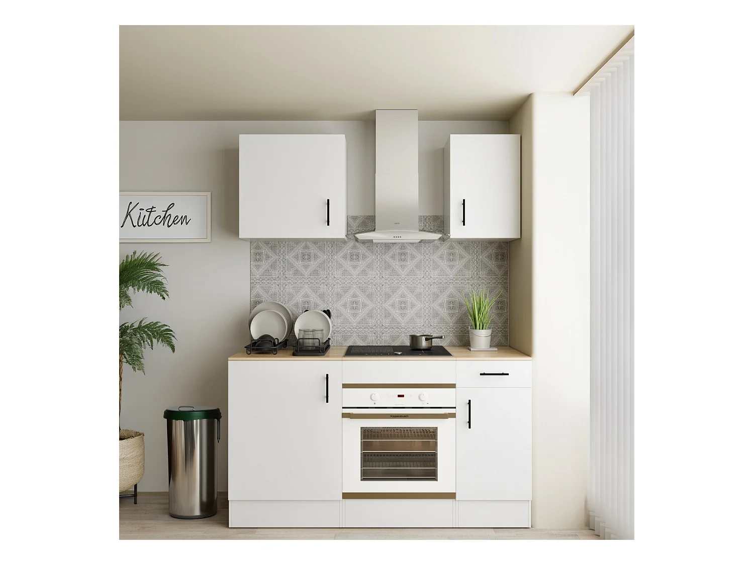 Cucina Componibile Completa Da 160 Cm Moderna Salvaspazio con Cassetti Ammortizzati Piedini Regolabili Moduli Pensili Facile Da Installare Bianco Lucido e Rovere