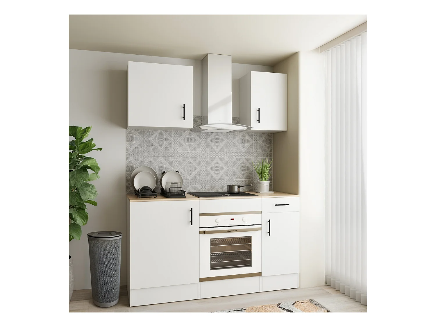 Cucina Componibile Completa Da 160 Cm Moderna Salvaspazio con Cassetti Ammortizzati Piedini Regolabili Moduli Pensili Facile Da Installare Bianco Lucido e Rovere