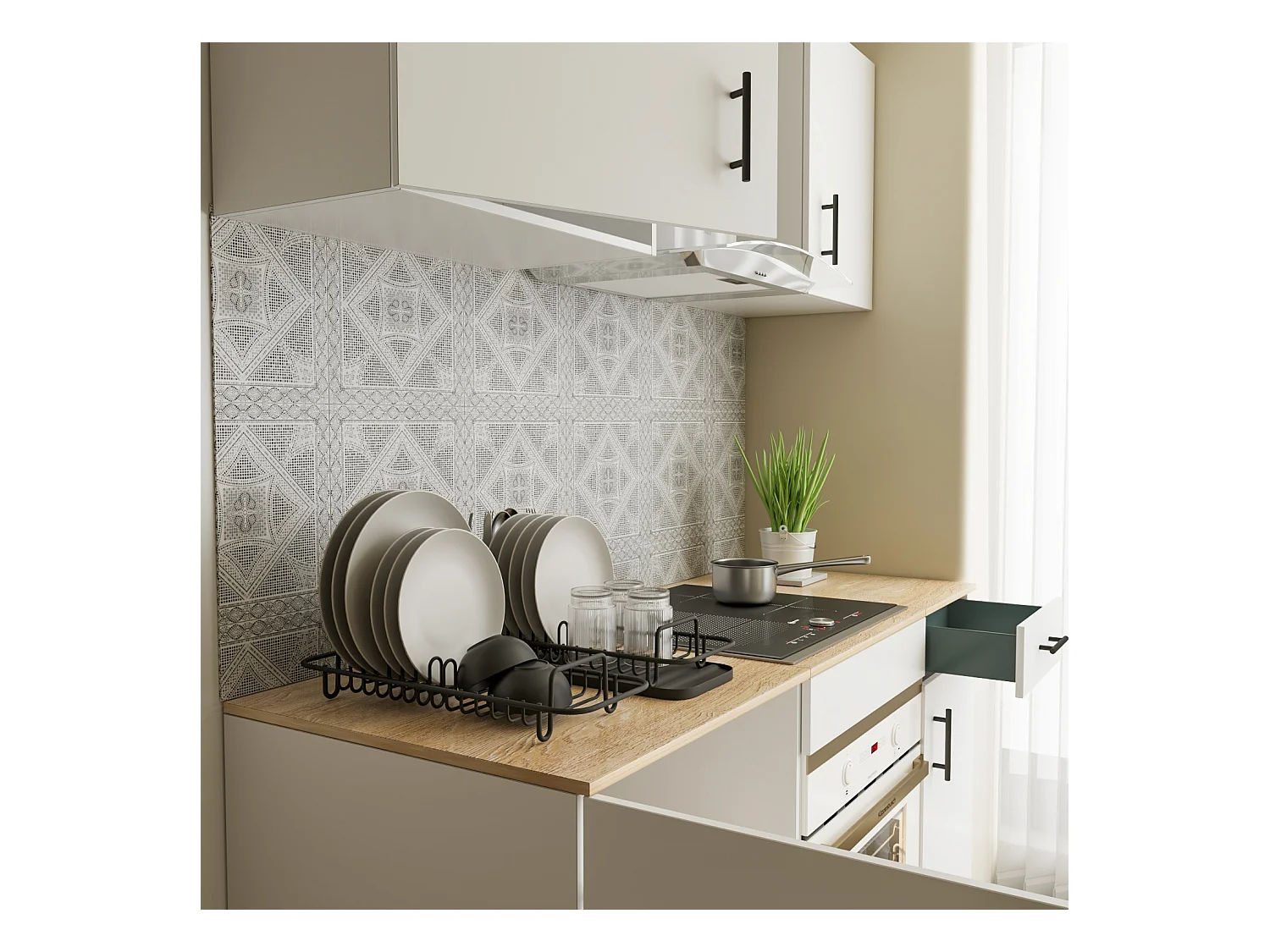 Cucina Componibile Completa Da 160 Cm Moderna Salvaspazio con Cassetti Ammortizzati Piedini Regolabili Moduli Pensili Facile Da Installare Bianco Lucido e Rovere