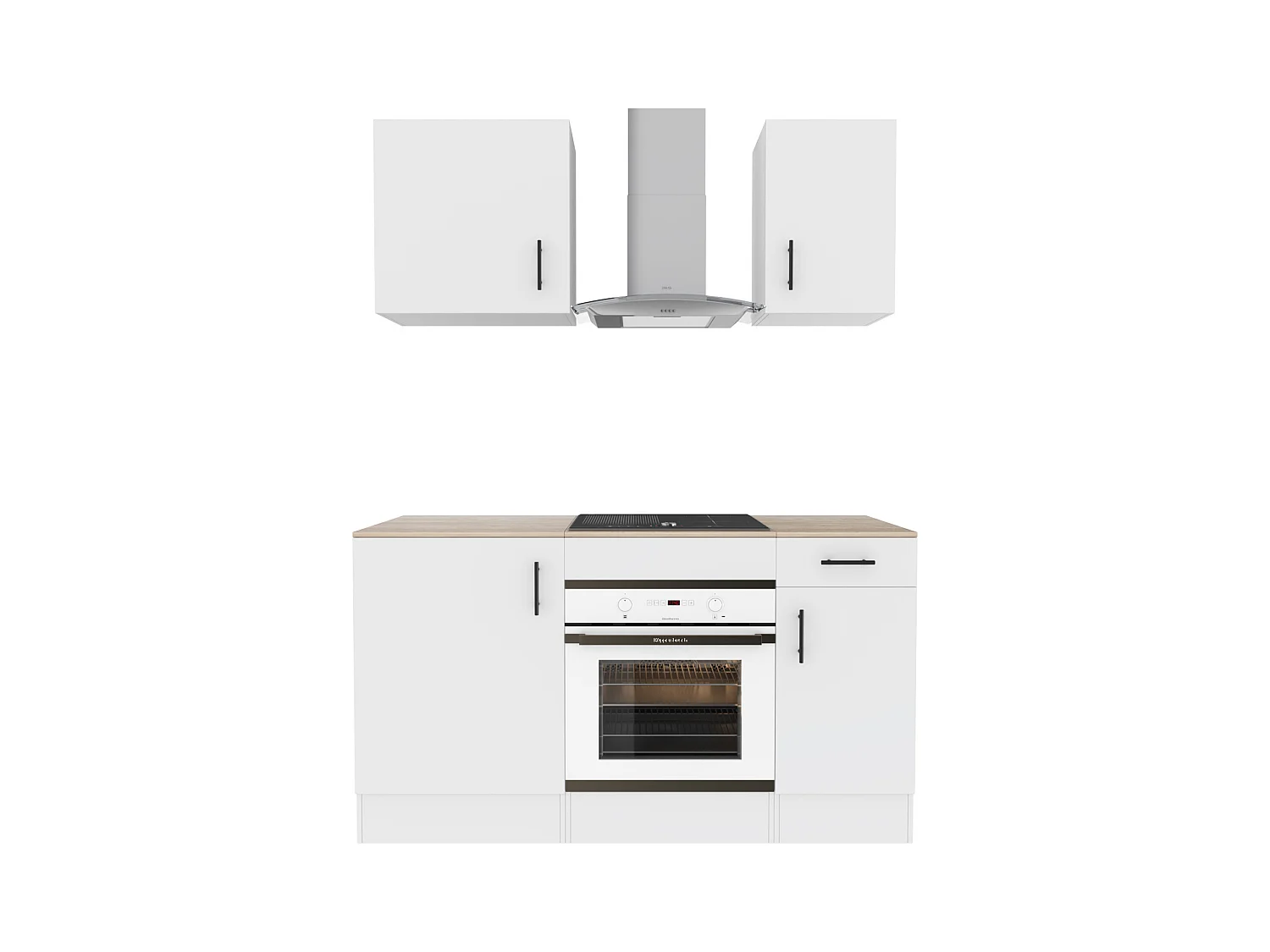 Cucina Componibile Completa Da 160 Cm Moderna Salvaspazio con Cassetti Ammortizzati Piedini Regolabili Moduli Pensili Facile Da Installare Bianco Lucido e Rovere