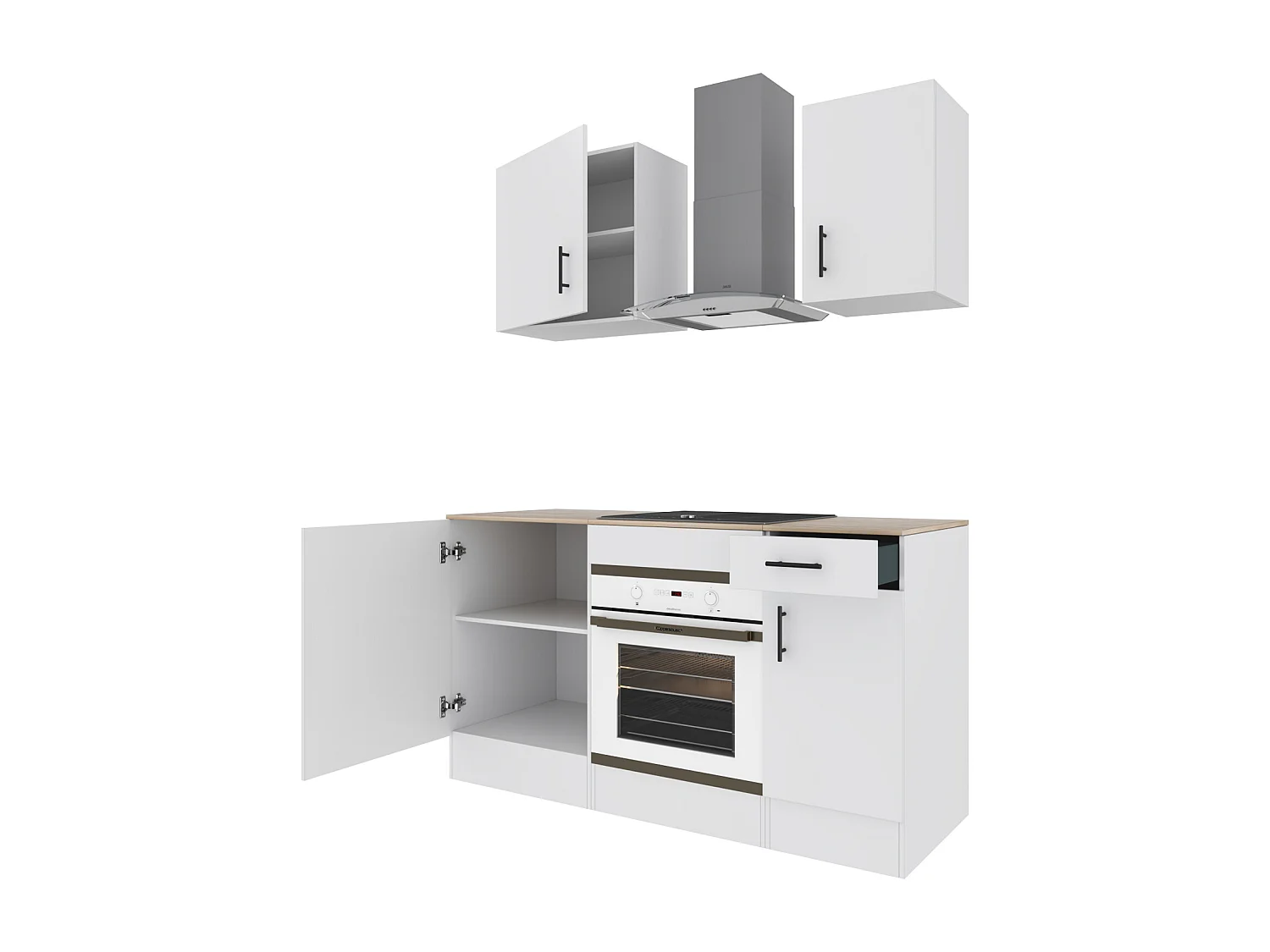 Cucina Componibile Completa Da 160 Cm Moderna Salvaspazio con Cassetti Ammortizzati Piedini Regolabili Moduli Pensili Facile Da Installare Bianco Lucido e Rovere