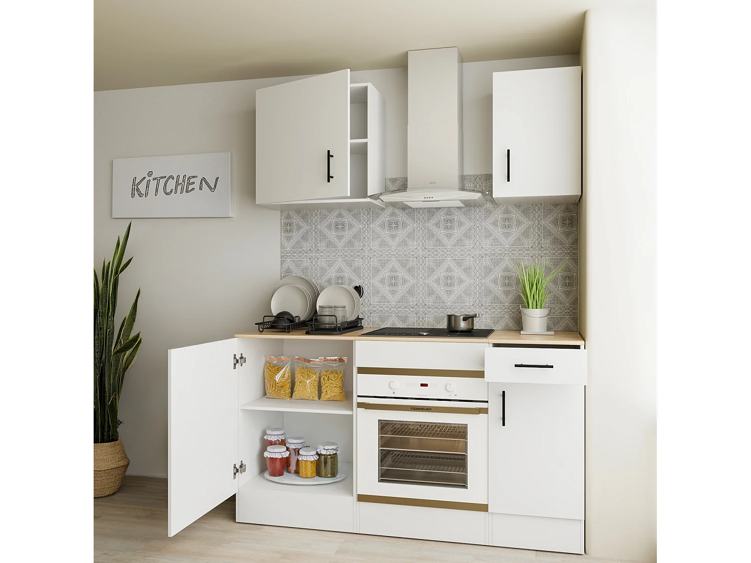 Cucina Componibile Completa Da 160 Cm Moderna Salvaspazio con Cassetti Ammortizzati Piedini Regolabili Moduli Pensili Facile Da Installare Bianco Lucido e Rovere