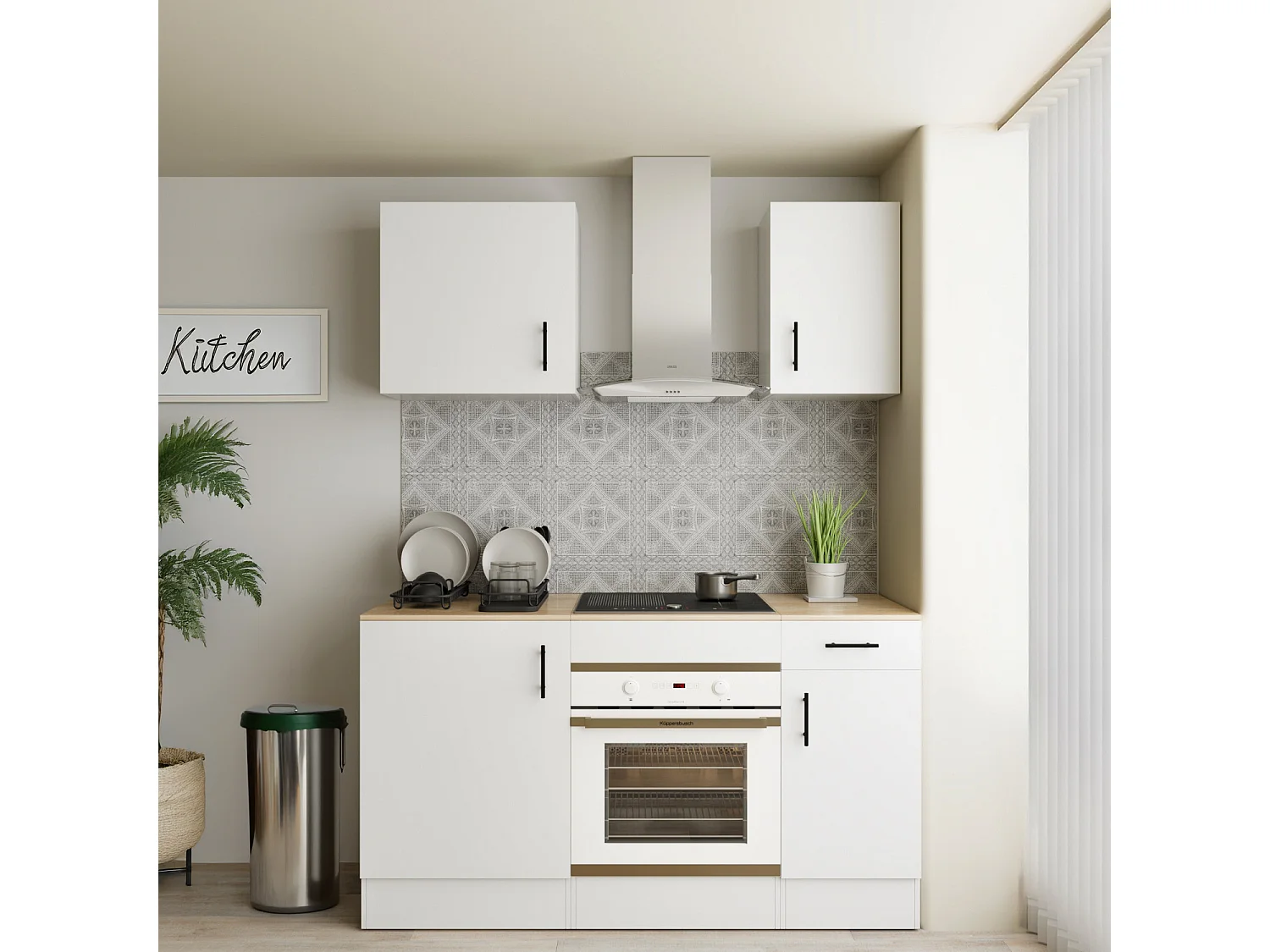 Cucina Componibile Completa Da 160 Cm Moderna Salvaspazio con Cassetti Ammortizzati Piedini Regolabili Moduli Pensili Facile Da Installare Bianco Lucido e Rovere