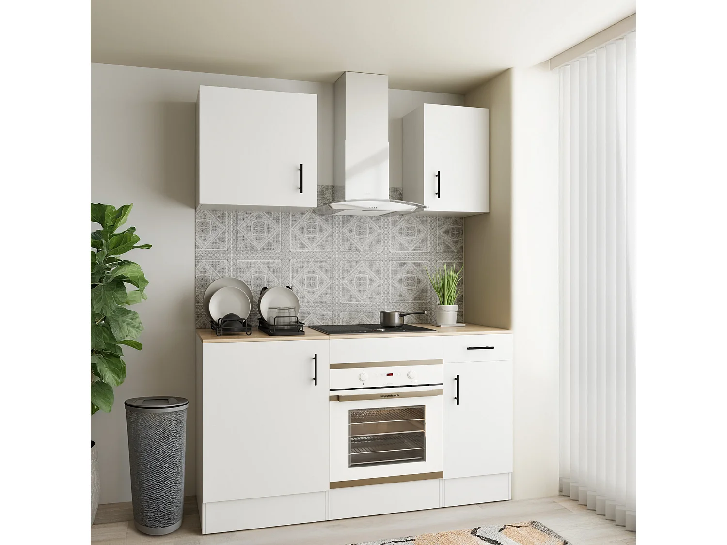 Cucina Componibile Completa Da 160 Cm Moderna Salvaspazio con Cassetti Ammortizzati Piedini Regolabili Moduli Pensili Facile Da Installare Bianco Lucido e Rovere