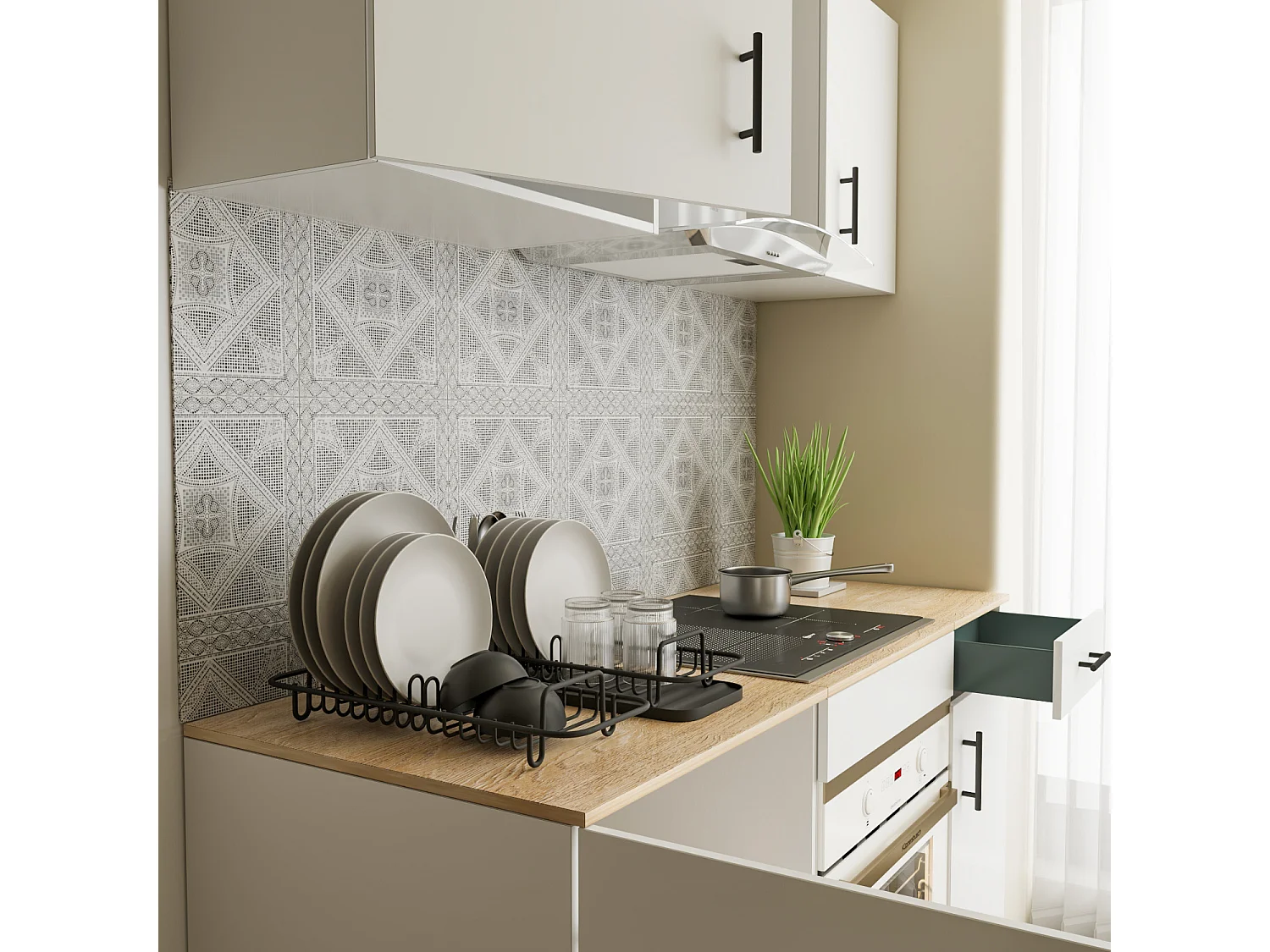 Cucina Componibile Completa Da 160 Cm Moderna Salvaspazio con Cassetti Ammortizzati Piedini Regolabili Moduli Pensili Facile Da Installare Bianco Lucido e Rovere