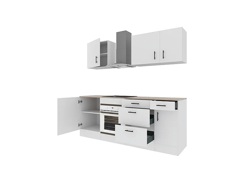 Cucina Componibile Completa Da 220 Cm Moderna Salvaspazio con Cassetti Ammortizzati Piedini Regolabili Moduli Pensili Facile Da Installare Bianco Lucido e Rovere