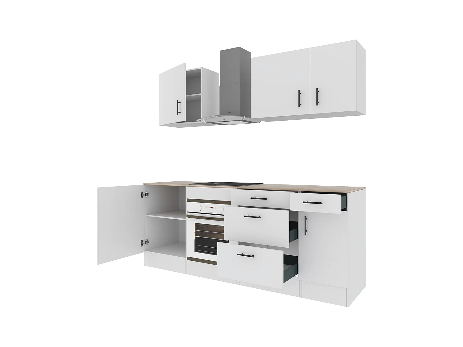 Cucina Componibile Completa Da 220 Cm Moderna Salvaspazio con Cassetti Ammortizzati Piedini Regolabili Moduli Pensili Facile Da Installare Bianco Lucido e Rovere