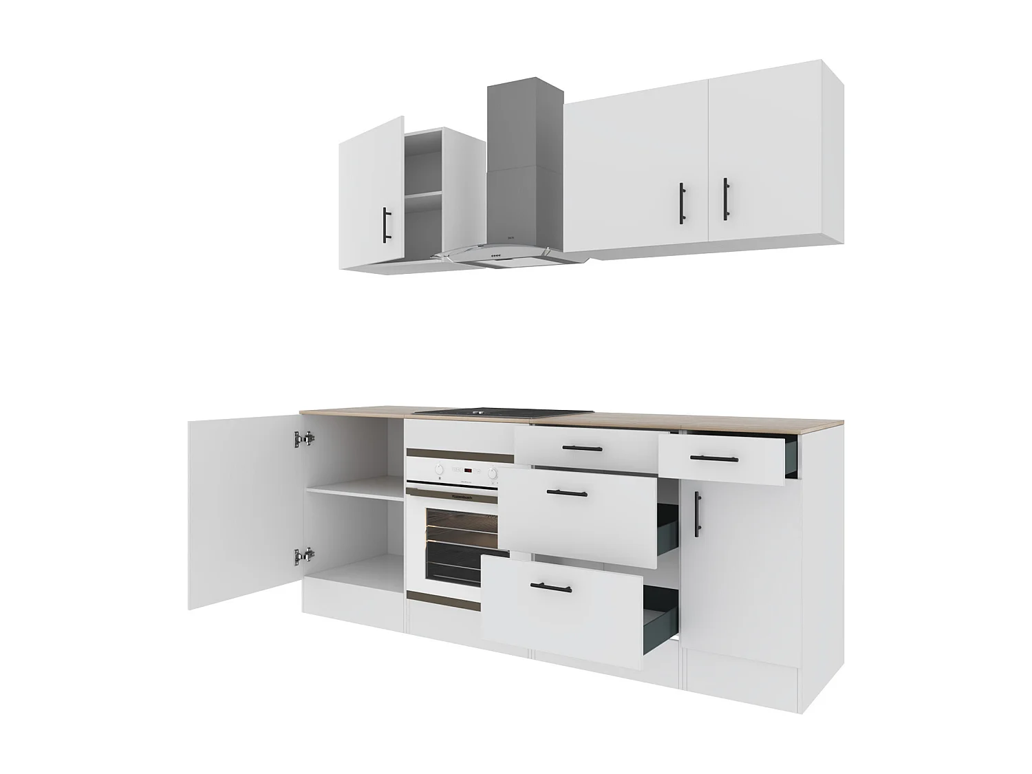 Cucina Componibile Completa Da 220 Cm Moderna Salvaspazio con Cassetti Ammortizzati Piedini Regolabili Moduli Pensili Facile Da Installare Bianco Lucido e Rovere