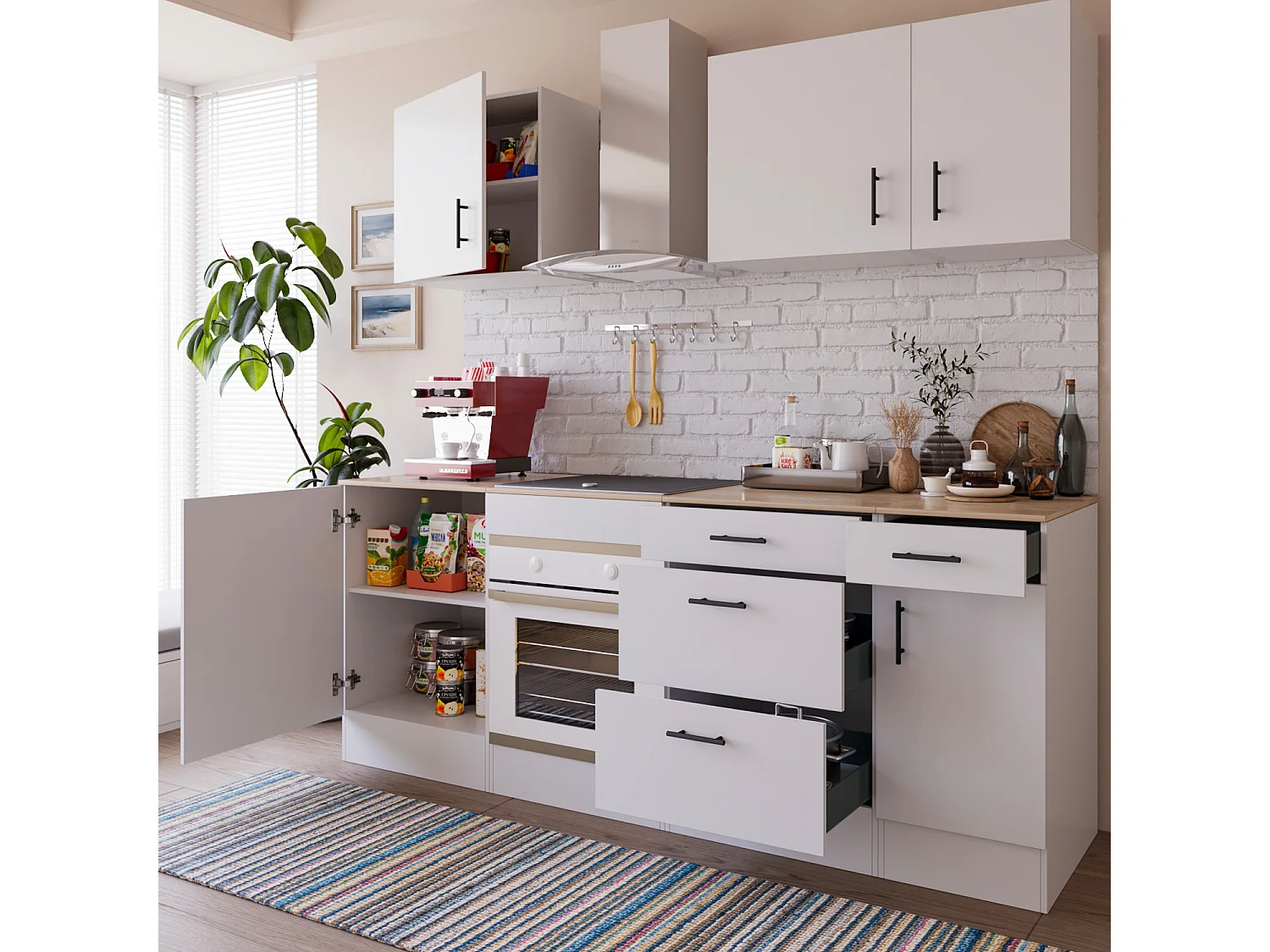 Cucina Componibile Completa Da 220 Cm Moderna Salvaspazio con Cassetti Ammortizzati Piedini Regolabili Moduli Pensili Facile Da Installare Bianco Lucido e Rovere