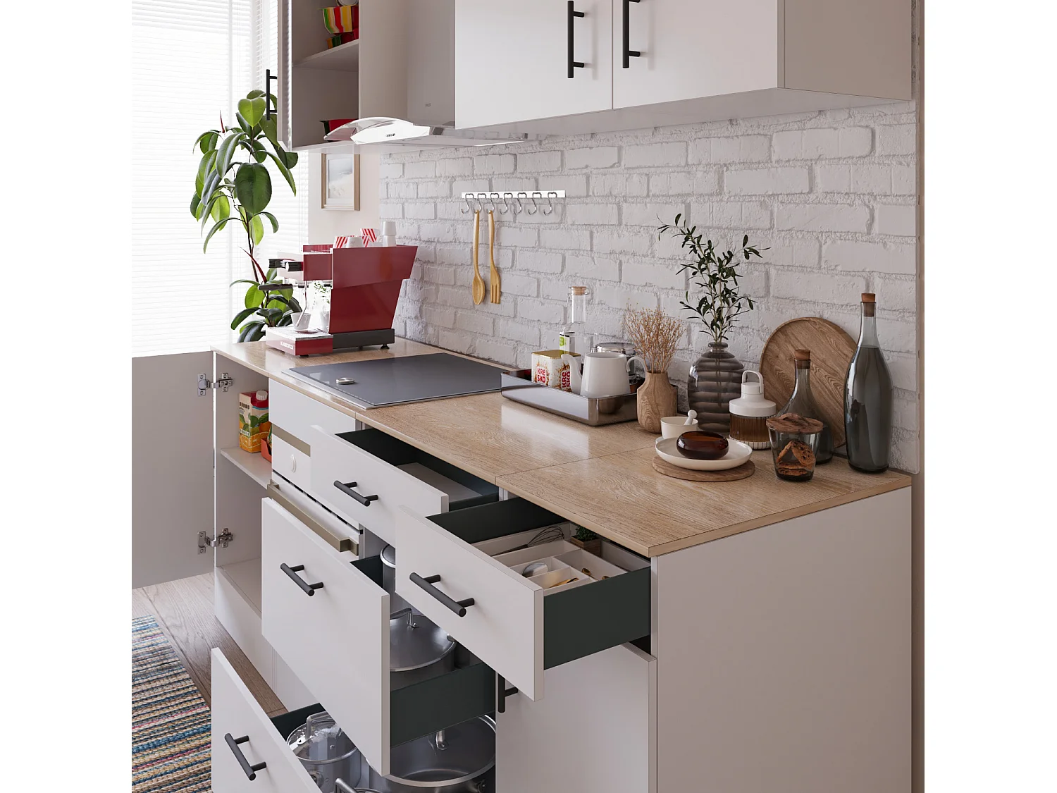 Cucina Componibile Completa Da 220 Cm Moderna Salvaspazio con Cassetti Ammortizzati Piedini Regolabili Moduli Pensili Facile Da Installare Bianco Lucido e Rovere