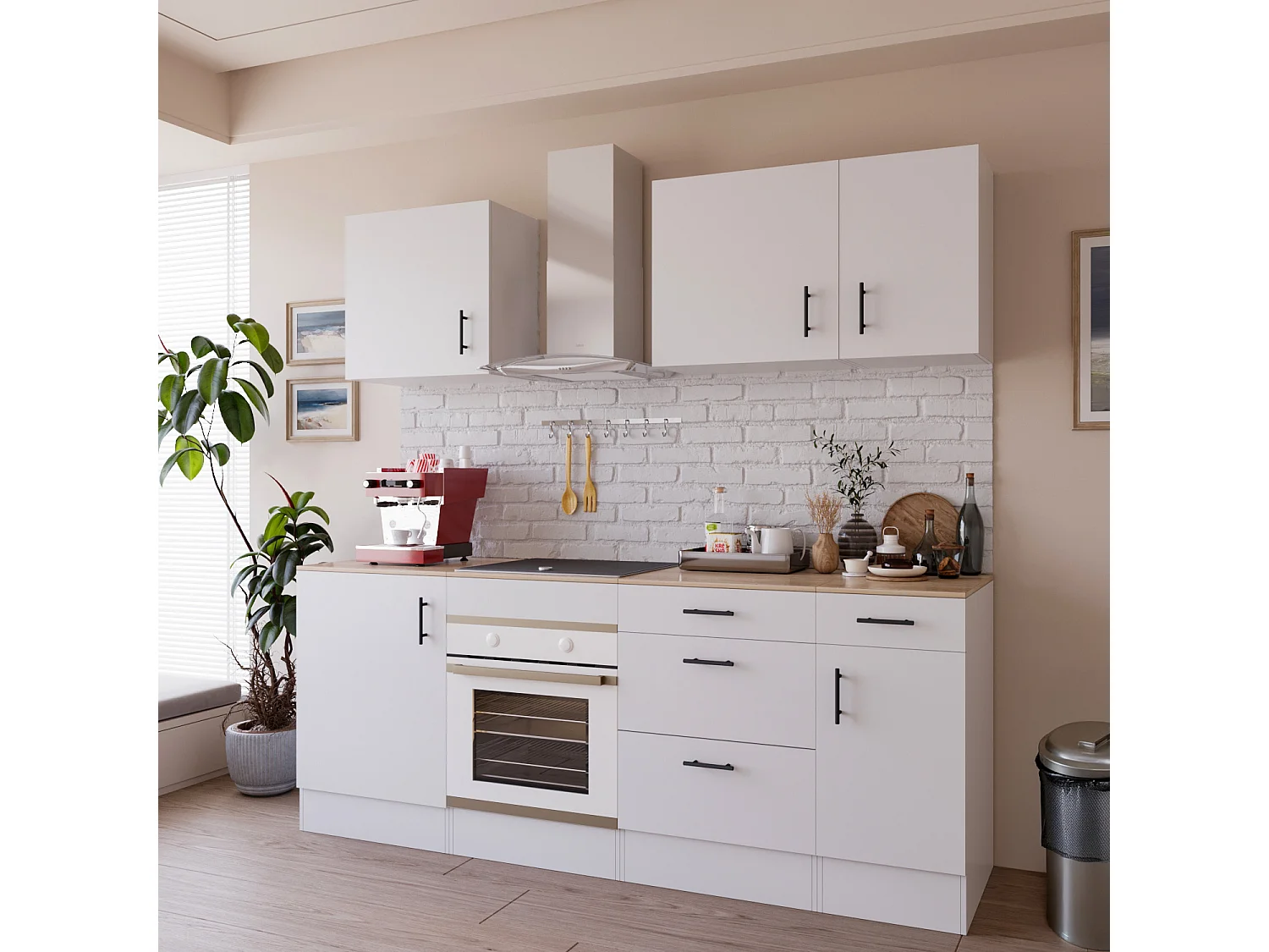 Cucina Componibile Completa Da 220 Cm Moderna Salvaspazio con Cassetti Ammortizzati Piedini Regolabili Moduli Pensili Facile Da Installare Bianco Lucido e Rovere