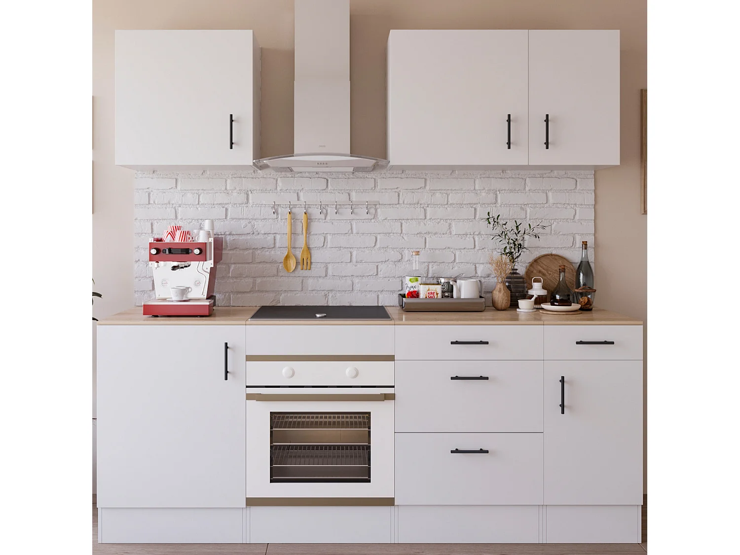 Cucina Componibile Completa Da 220 Cm Moderna Salvaspazio con Cassetti Ammortizzati Piedini Regolabili Moduli Pensili Facile Da Installare Bianco Lucido e Rovere