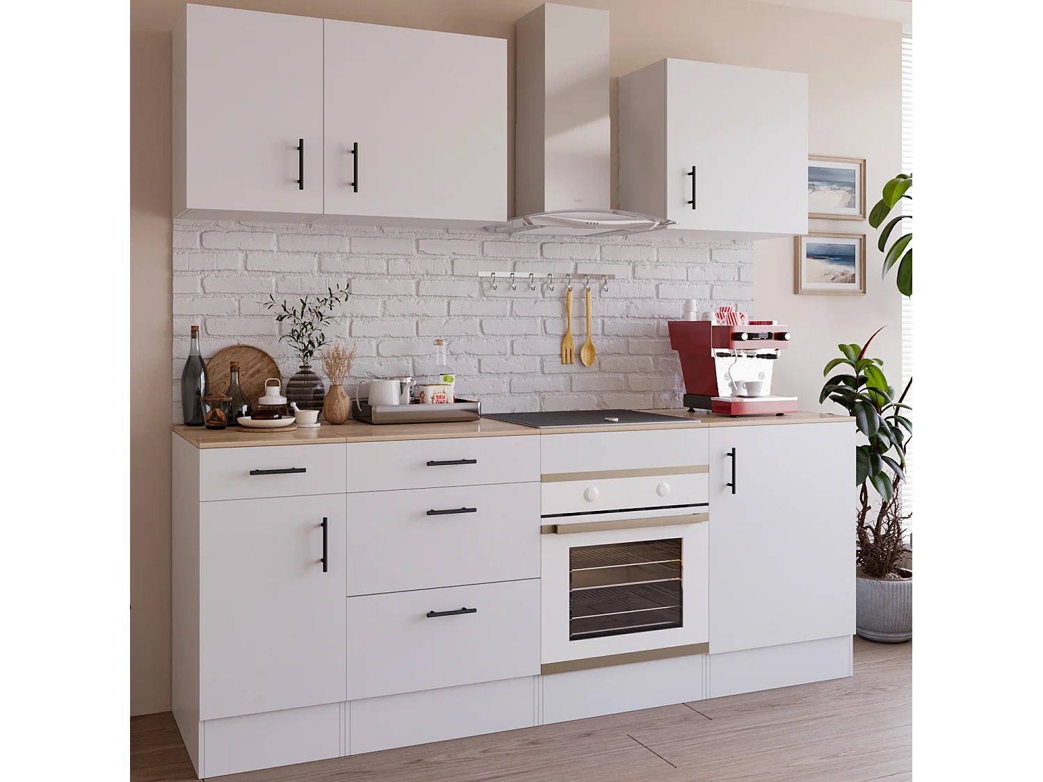 Cucina Componibile Completa Da 220 Cm Moderna Salvaspazio con Cassetti Ammortizzati Piedini Regolabili Moduli Pensili Facile Da Installare Bianco Lucido e Rovere