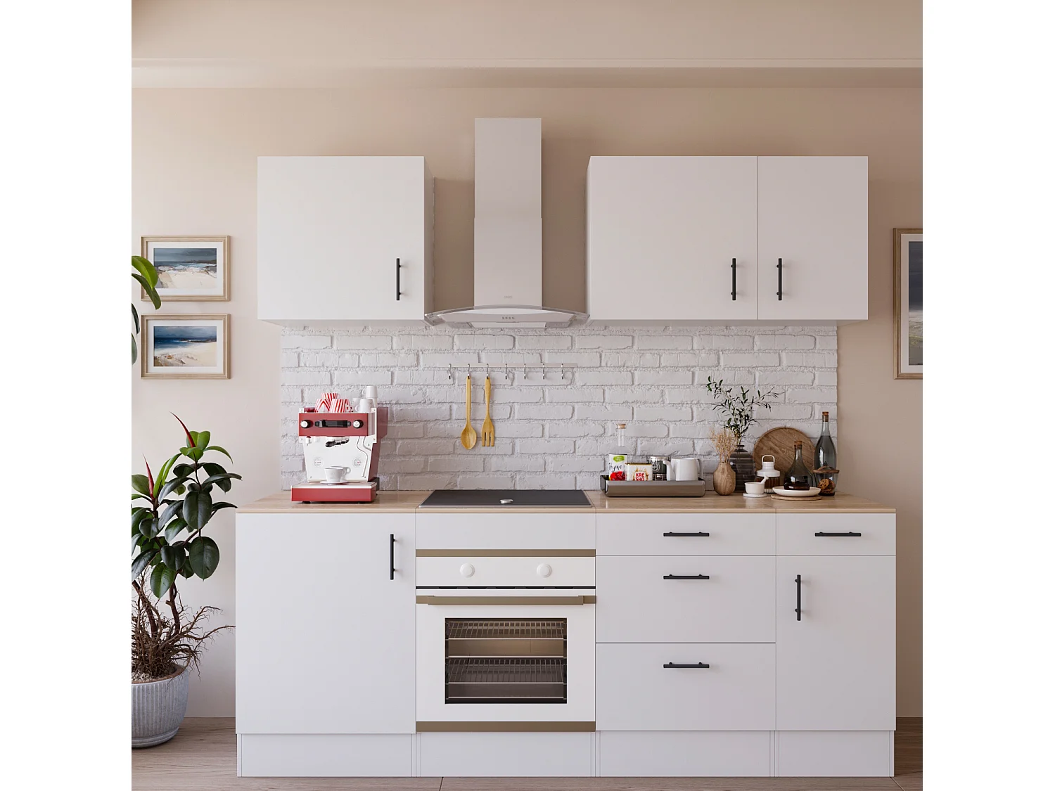 Cucina Componibile Completa Da 220 Cm Moderna Salvaspazio con Cassetti Ammortizzati Piedini Regolabili Moduli Pensili Facile Da Installare Bianco Lucido e Rovere