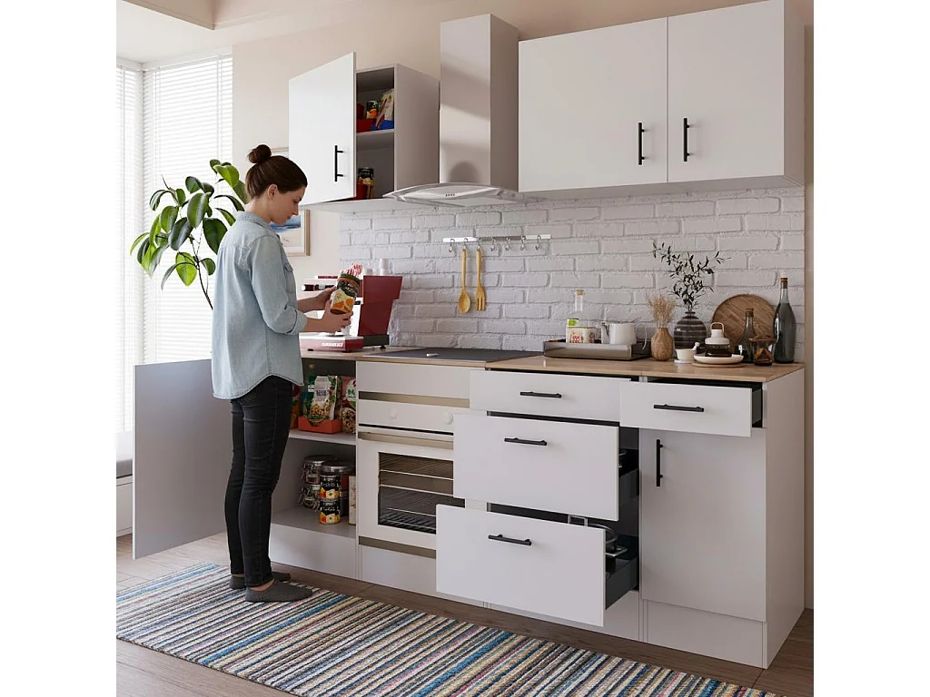Cucina Componibile Completa Da 220 Cm Moderna Salvaspazio con Cassetti Ammortizzati Piedini Regolabili Moduli Pensili Facile Da Installare Bianco Lucido e Rovere