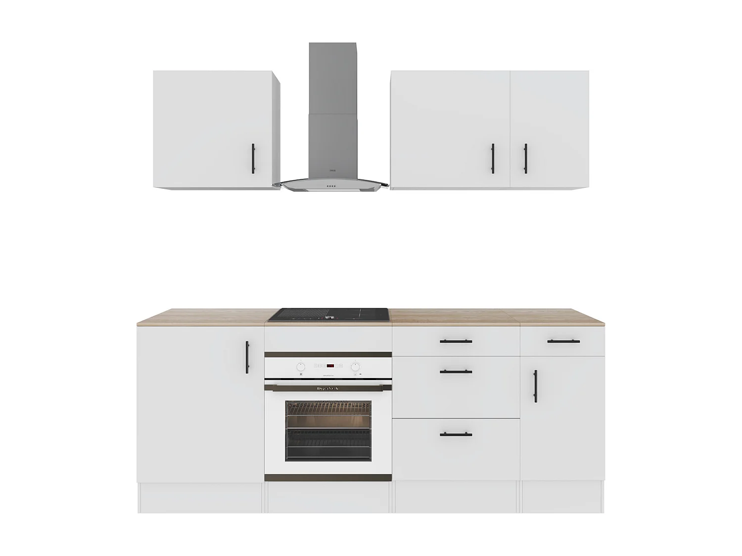 Cucina Componibile Completa Da 220 Cm Moderna Salvaspazio con Cassetti Ammortizzati Piedini Regolabili Moduli Pensili Facile Da Installare Bianco Lucido e Rovere