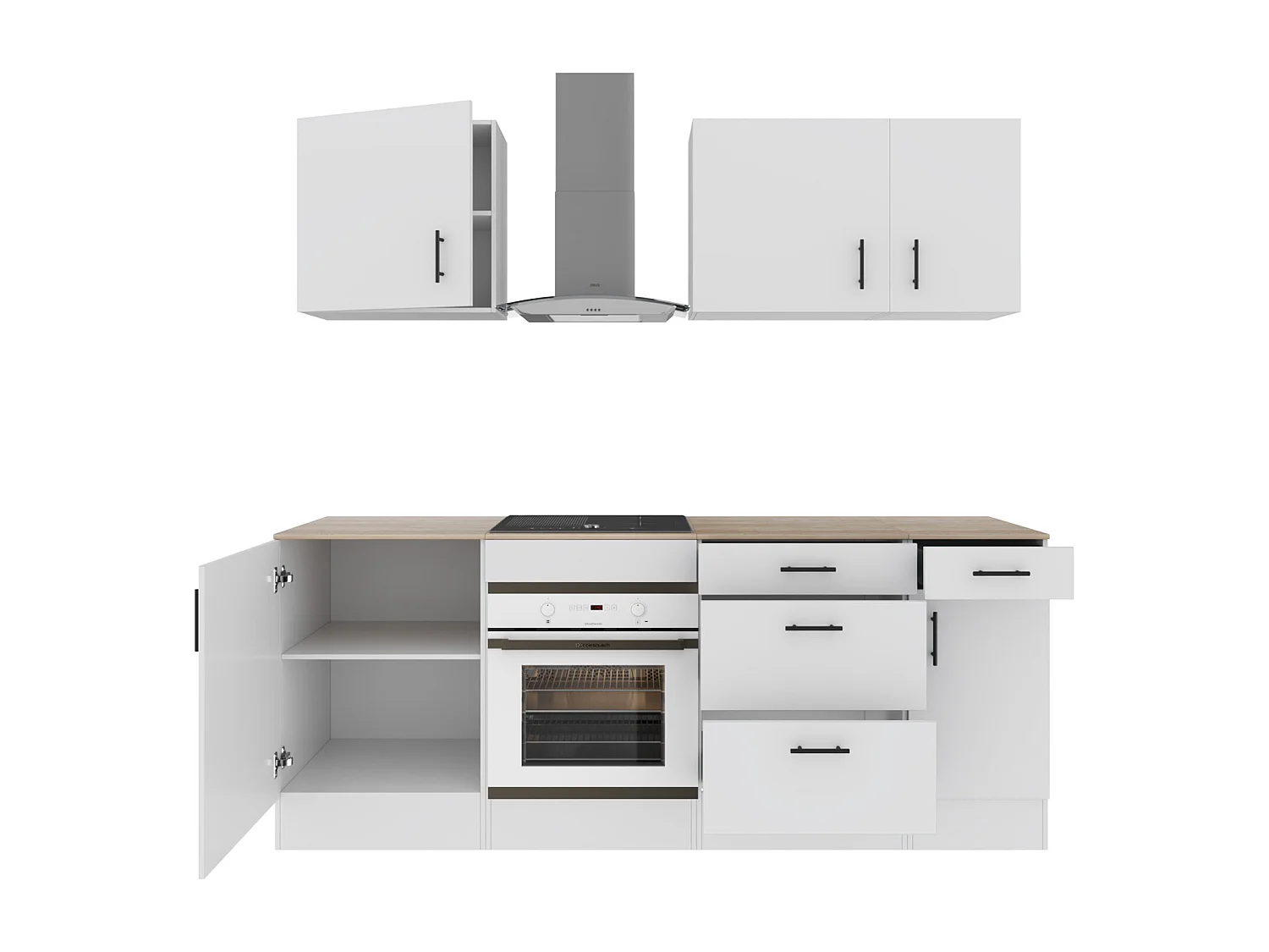 Cucina Componibile Completa Da 220 Cm Moderna Salvaspazio con Cassetti Ammortizzati Piedini Regolabili Moduli Pensili Facile Da Installare Bianco Lucido e Rovere