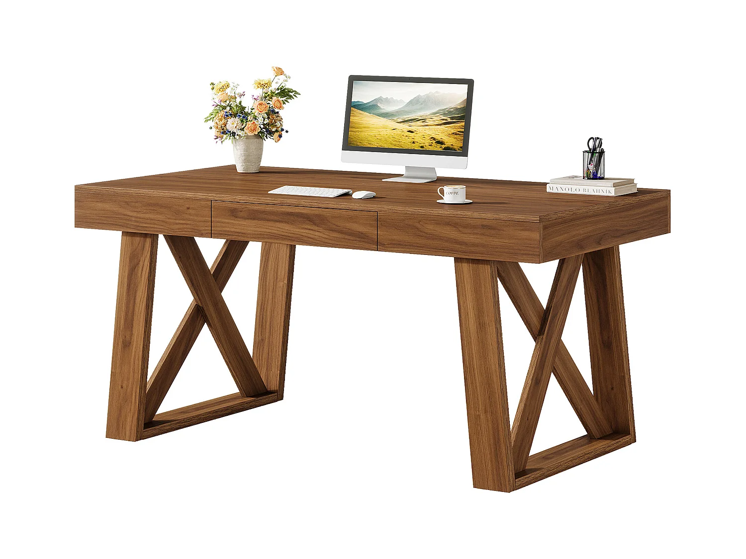 Biurko biurowe biurowe o szerokości 140 cm z szufladą, w stylu retro, brązowe