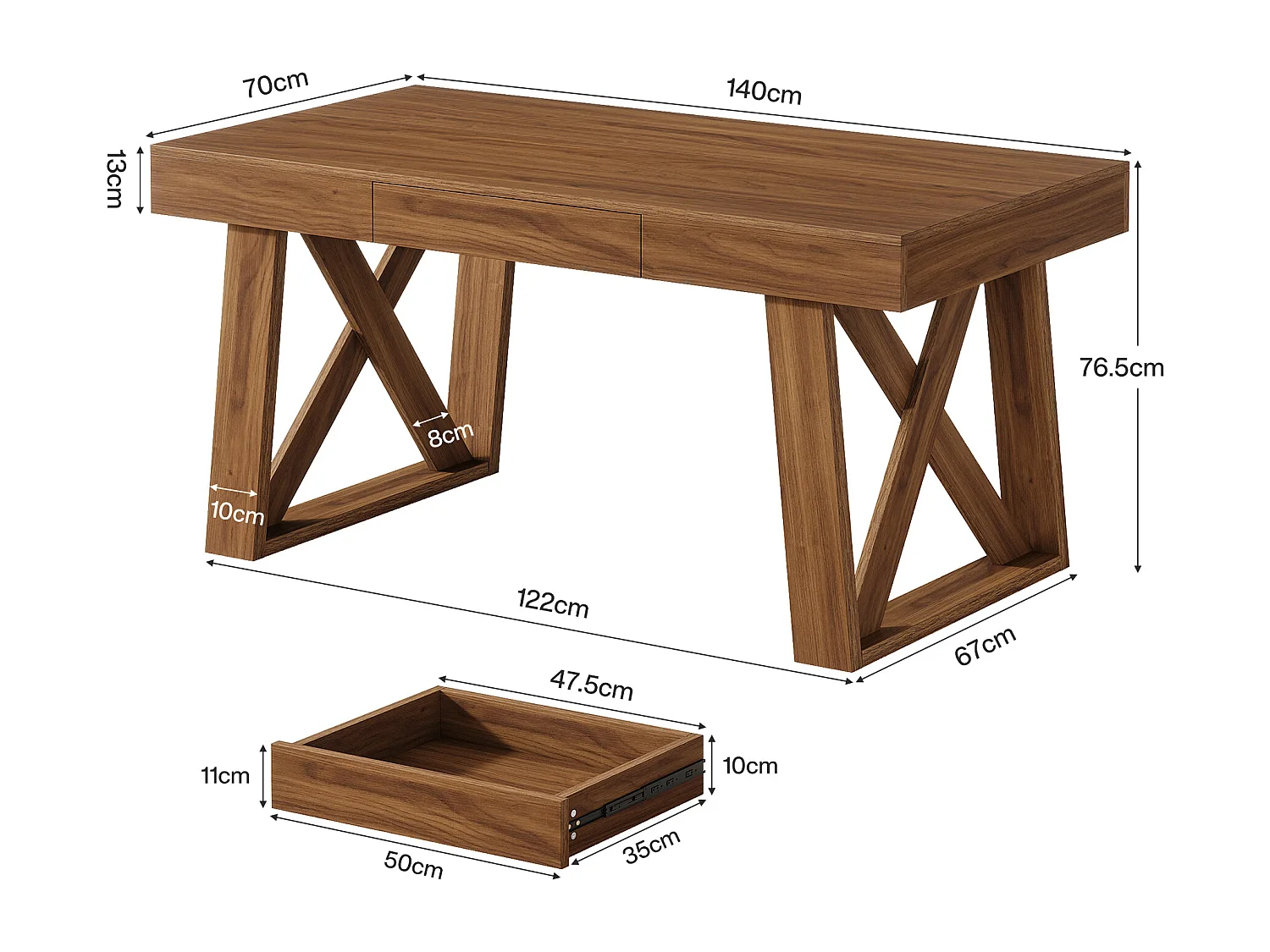 Bureau de direction de 140 cm de large avec tiroir, bureau d'ordinateur marron rétro