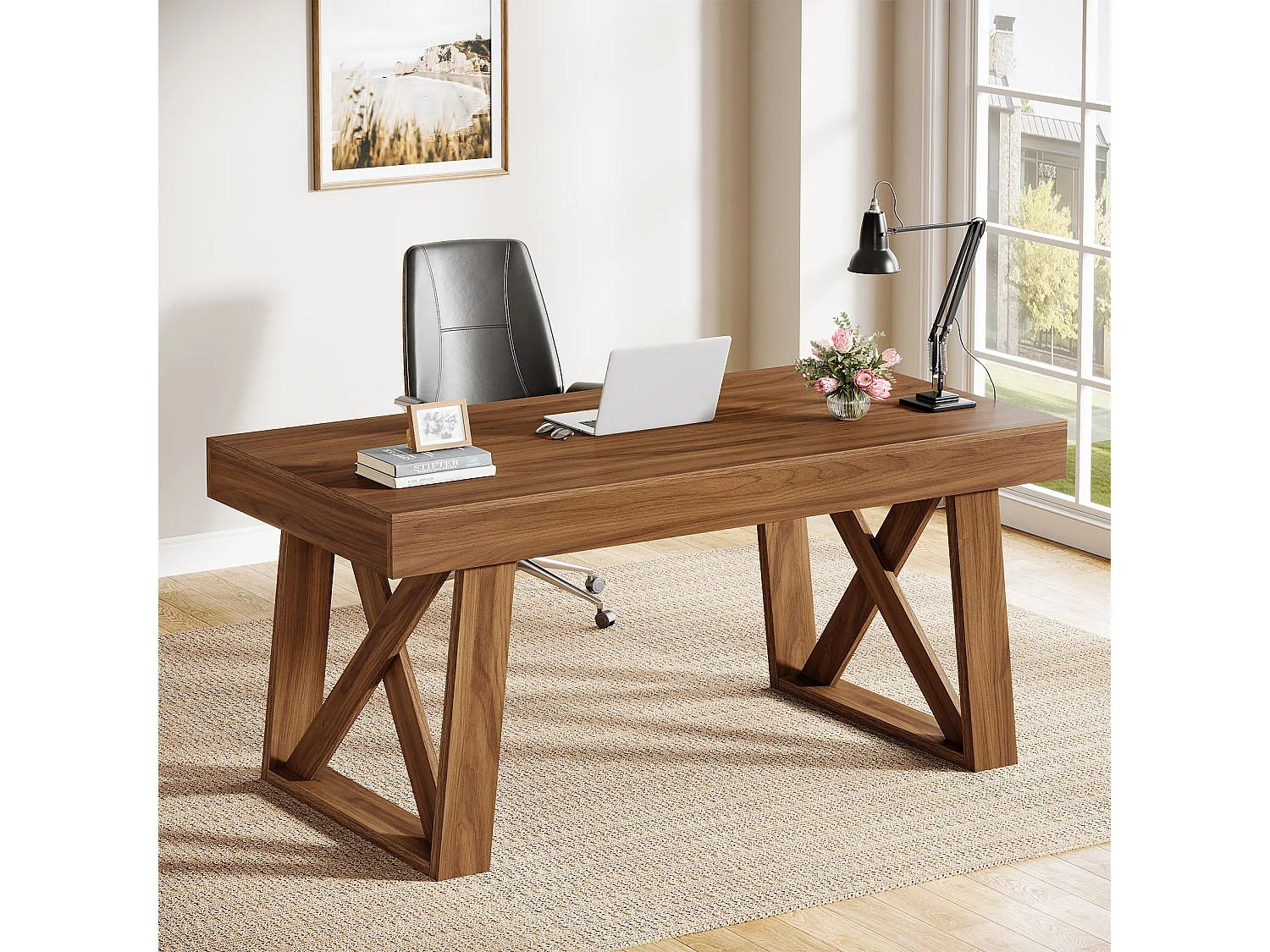 Bureau de direction de 140 cm de large avec tiroir, bureau d'ordinateur marron rétro