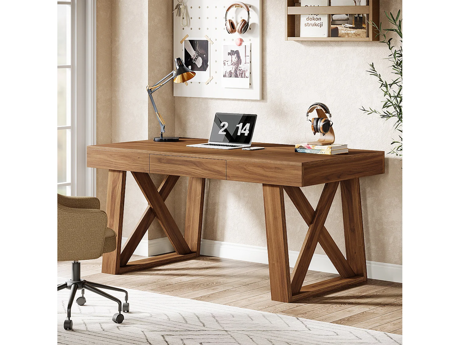 Bureau de direction de 140 cm de large avec tiroir, bureau d'ordinateur marron rétro