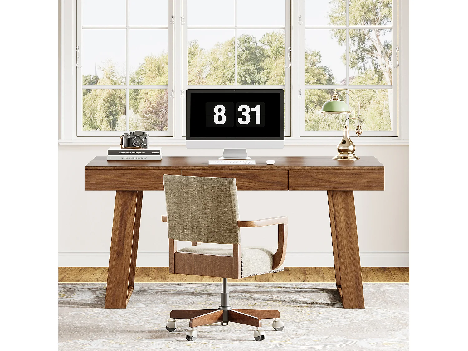 Bureau de direction de 140 cm de large avec tiroir, bureau d'ordinateur marron rétro