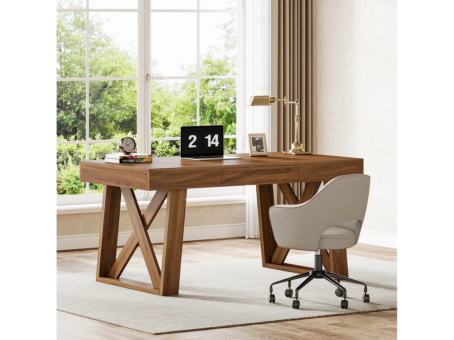 Bureau de direction de 140 cm de large avec tiroir, bureau d'ordinateur marron rétro