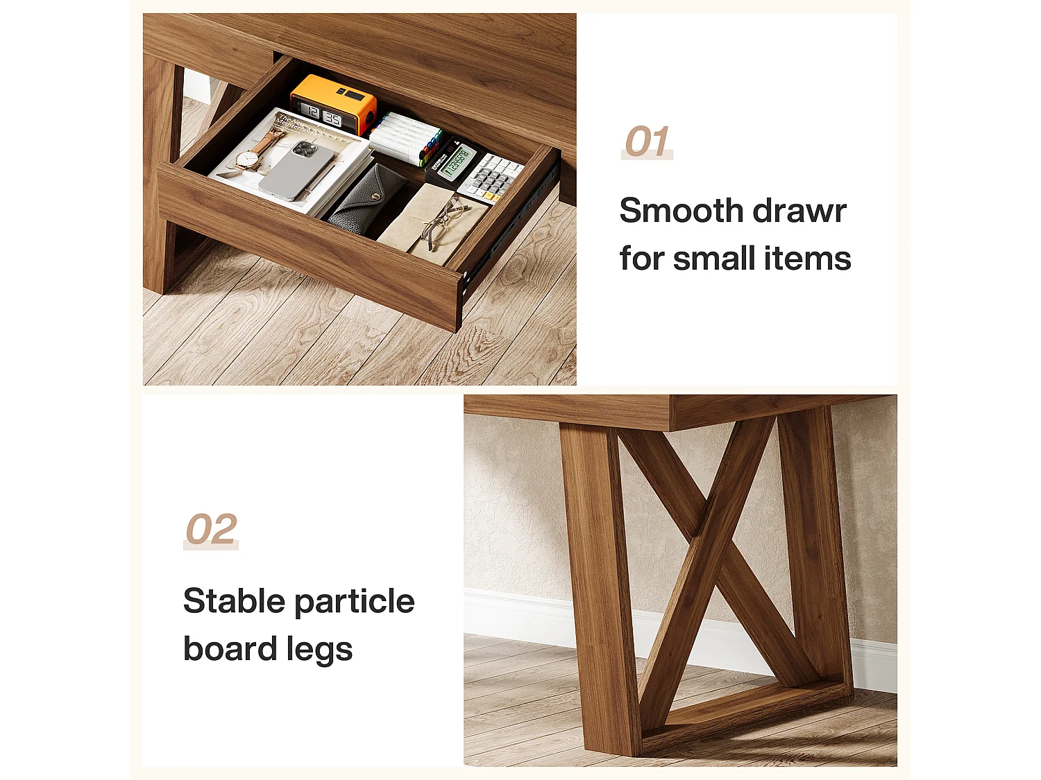 Bureau de direction de 140 cm de large avec tiroir, bureau d'ordinateur marron rétro