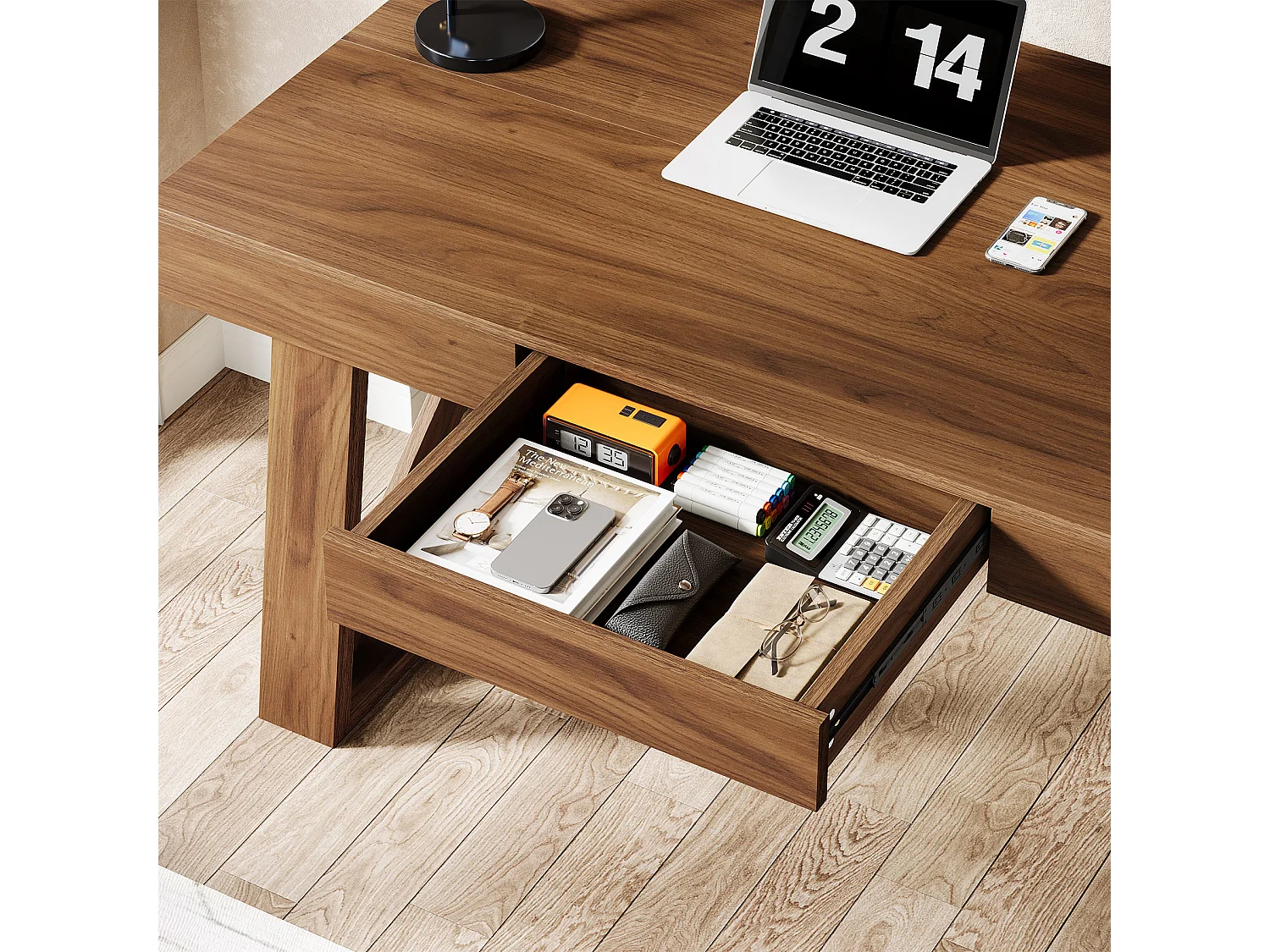 Bureau de direction de 140 cm de large avec tiroir, bureau d'ordinateur marron rétro