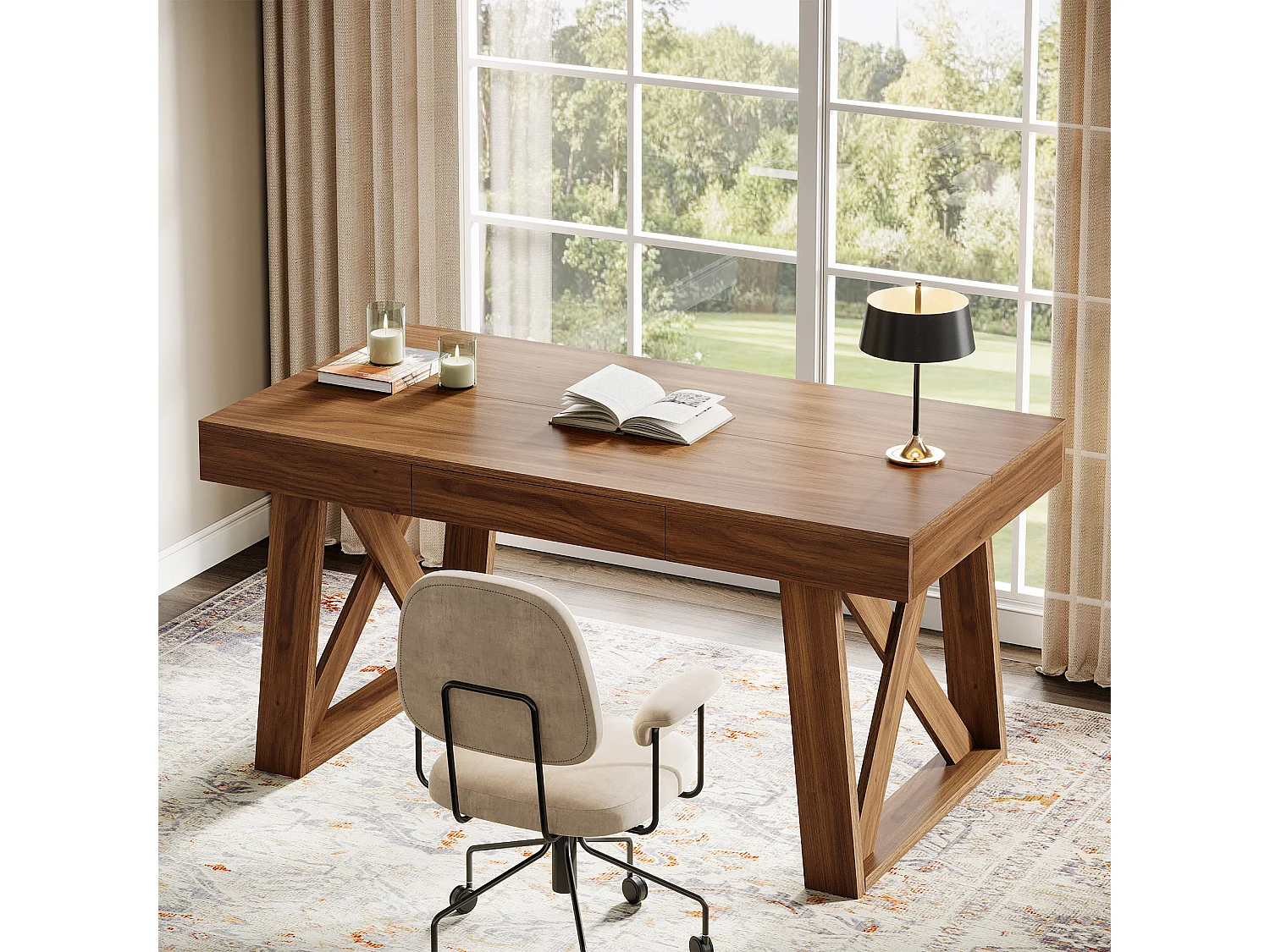 Bureau de direction de 140 cm de large avec tiroir, bureau d'ordinateur marron rétro