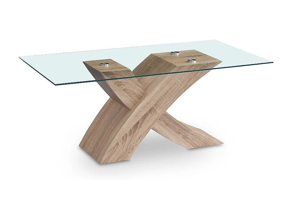 Tavolino da salotto Shiva piano in vetro e base rovere a incrocio 110x60x45H