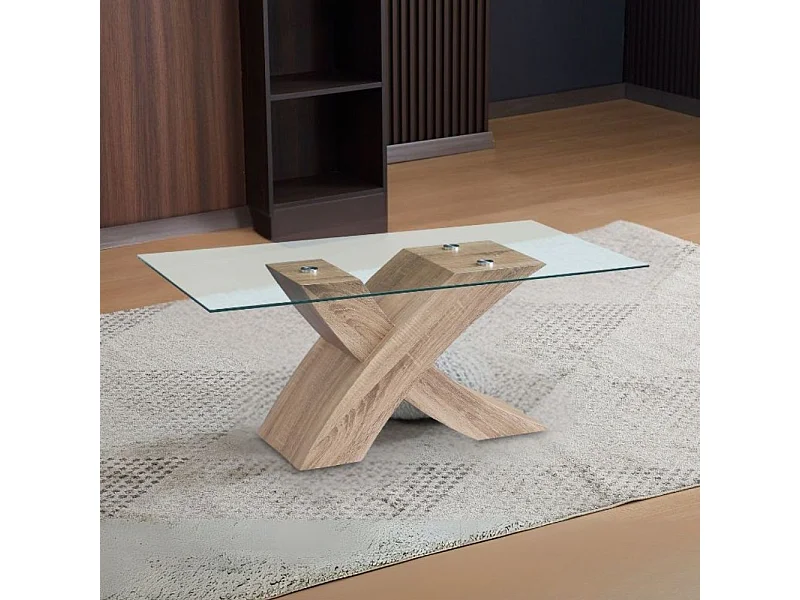 Tavolino da salotto Shiva piano in vetro e base rovere a incrocio 110x60x45H