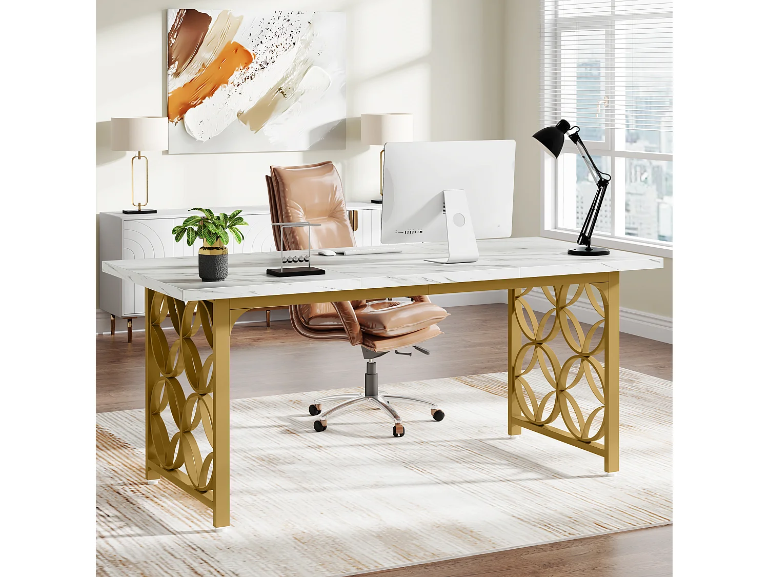 Mesa de Escritório para Computador Grande de 160 cm, Mesa de Escritório Moderna com Estrutura de Metal Resistente