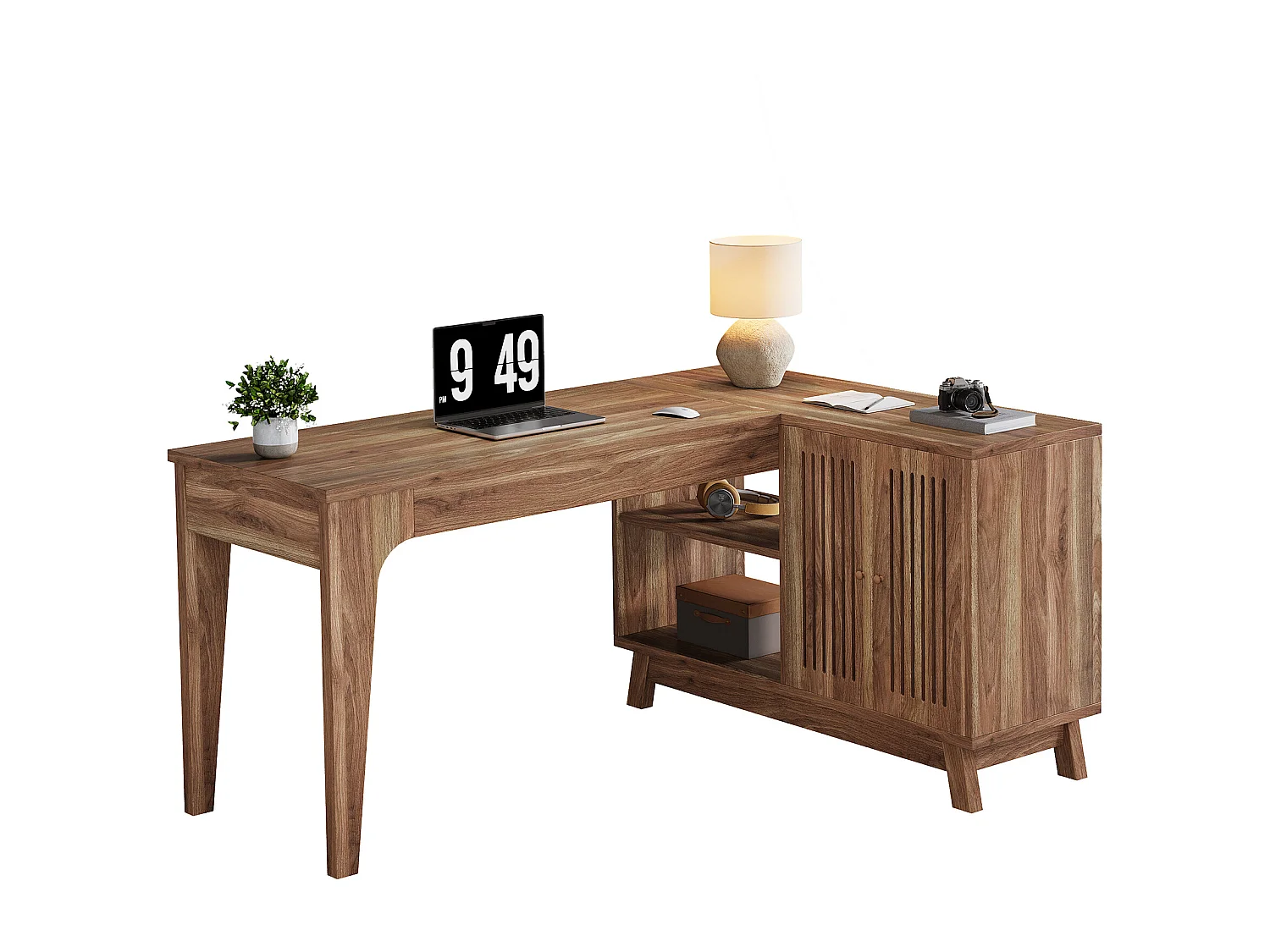 Bureau en L avec armoire de rangement, poste de travail d'angle en bois de 145 cm