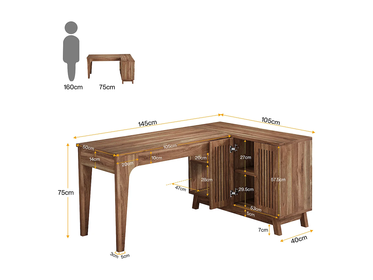 Bureau en L avec armoire de rangement, poste de travail d'angle en bois de 145 cm