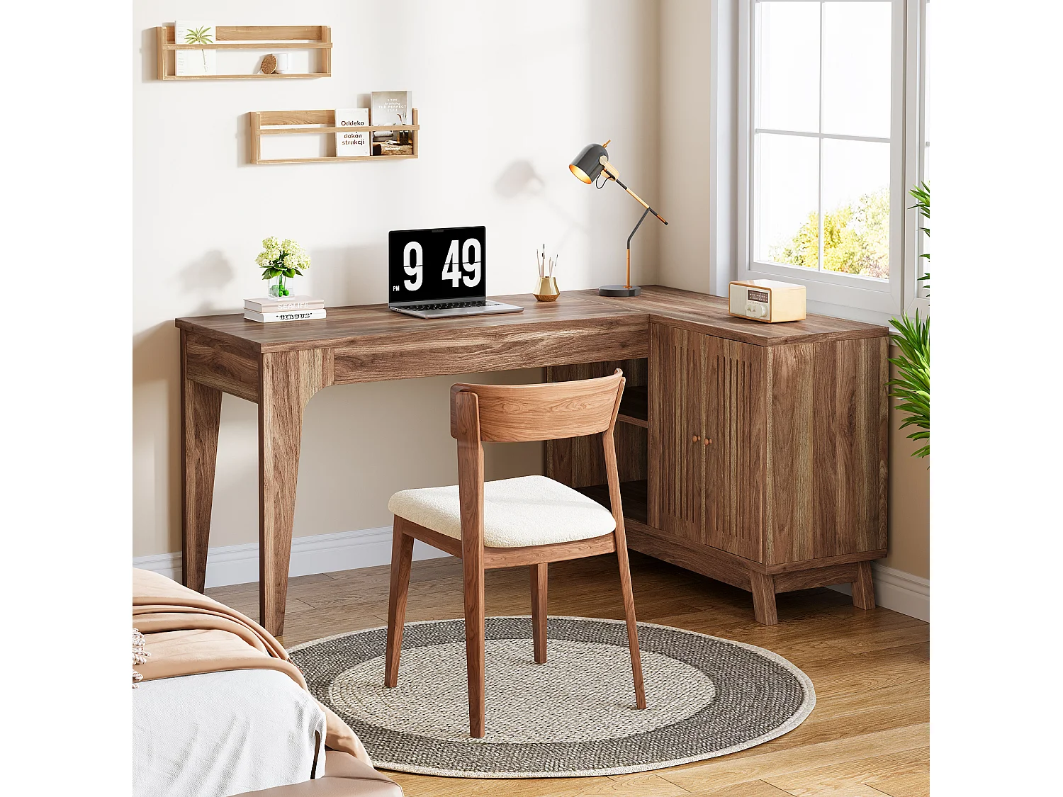 Bureau en L avec armoire de rangement, poste de travail d'angle en bois de 145 cm