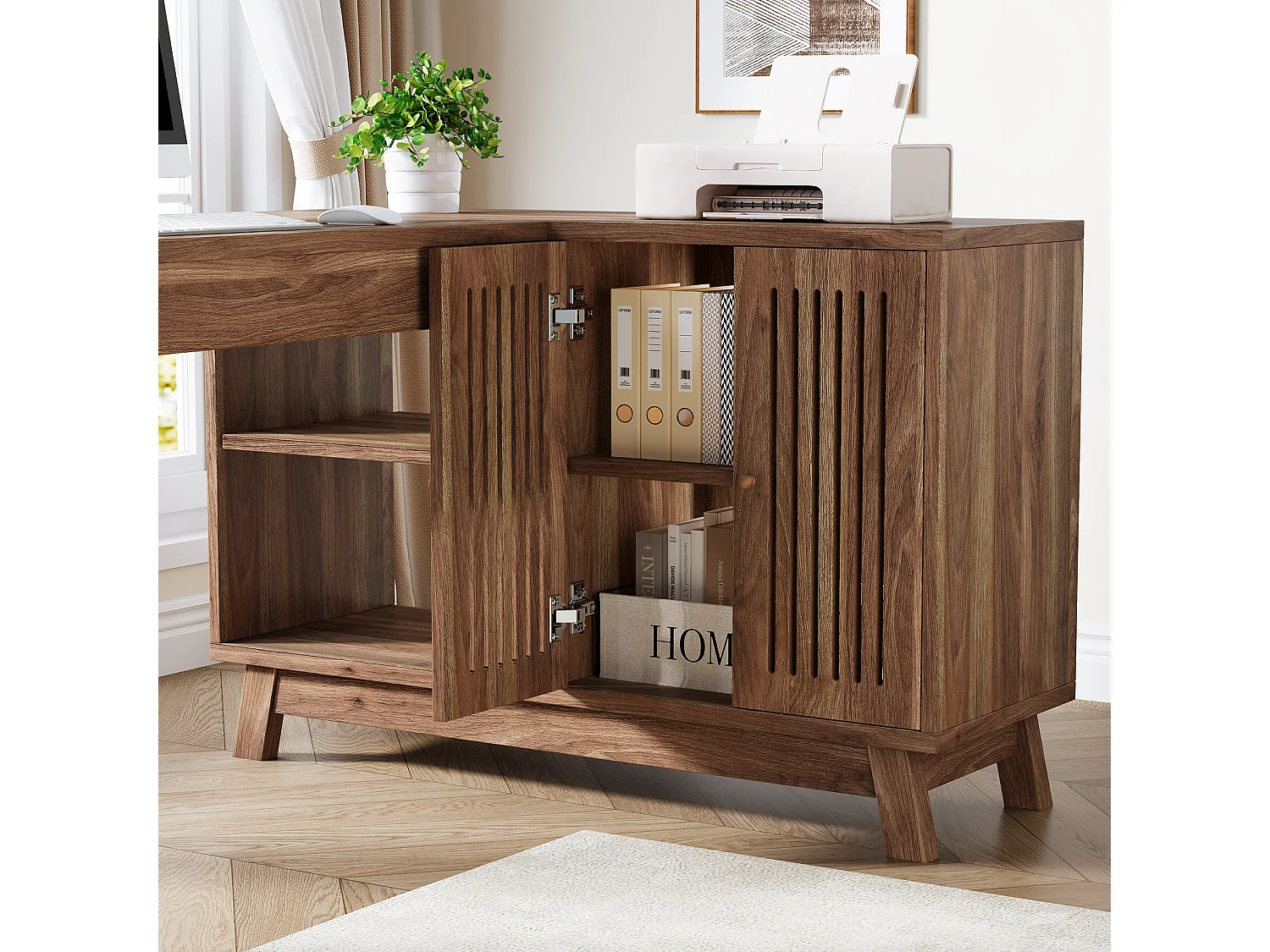 Bureau en L avec armoire de rangement, poste de travail d'angle en bois de 145 cm