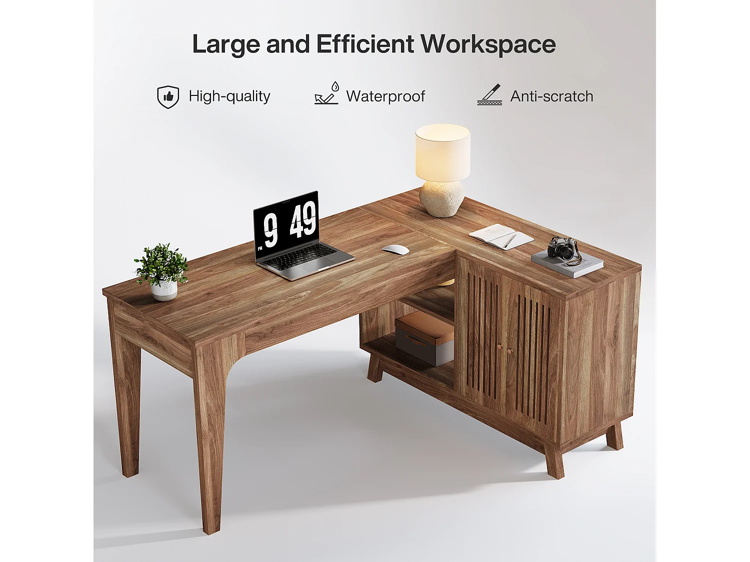 Bureau en L avec armoire de rangement, poste de travail d'angle en bois de 145 cm