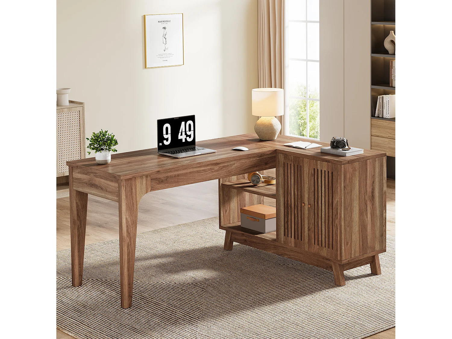 Bureau en L avec armoire de rangement, poste de travail d'angle en bois de 145 cm