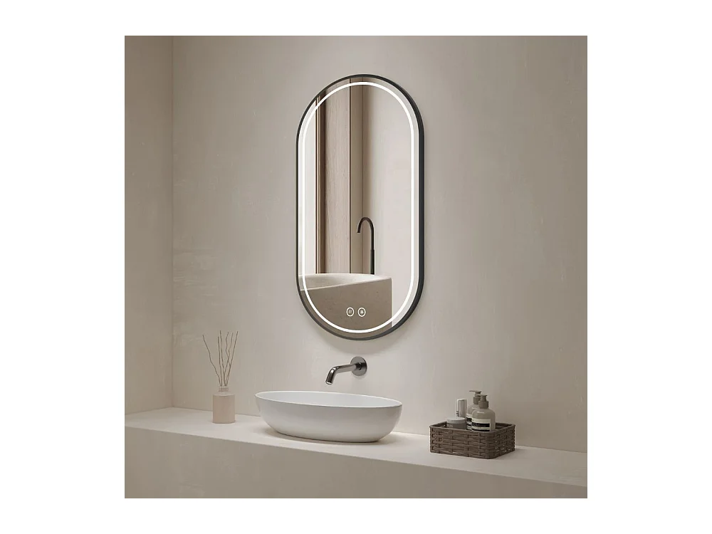 Specchio smart ovale anti-appannamento YJ-2004BL 90x60 con cornice nera in acciaio Inox satinato