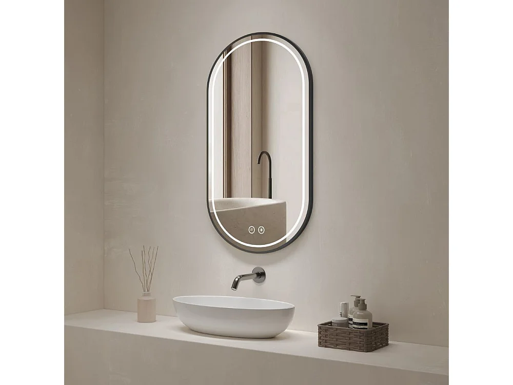 Specchio smart ovale anti-appannamento YJ-2004BL 90x60 con cornice nera in acciaio Inox satinato