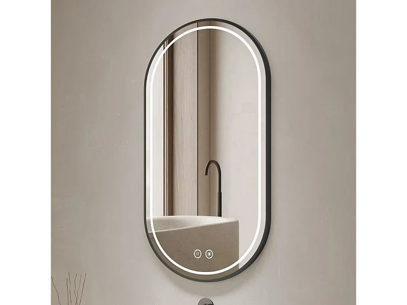 Specchio smart ovale anti-appannamento YJ-2004BL 90x60 con cornice nera in acciaio Inox satinato