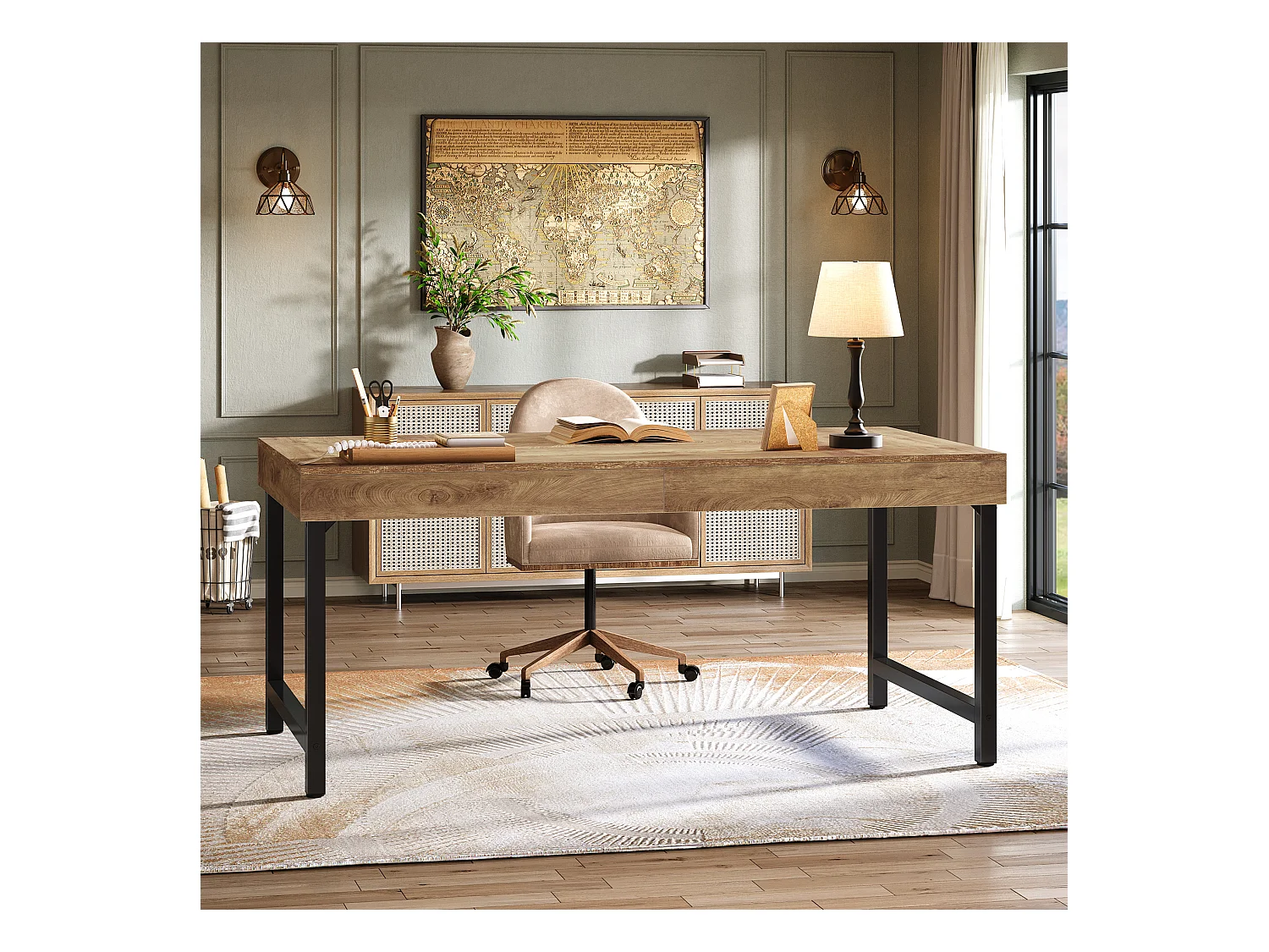 Mesa executiva industrial de 140 cm para escritório em casa, mesa de computador e laptop rústica e simples