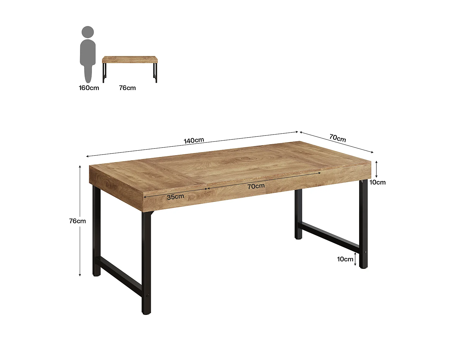 Bureau de direction industriel de 140 cm pour la maison et le bureau, bureau d'ordinateur portable rustique et simple