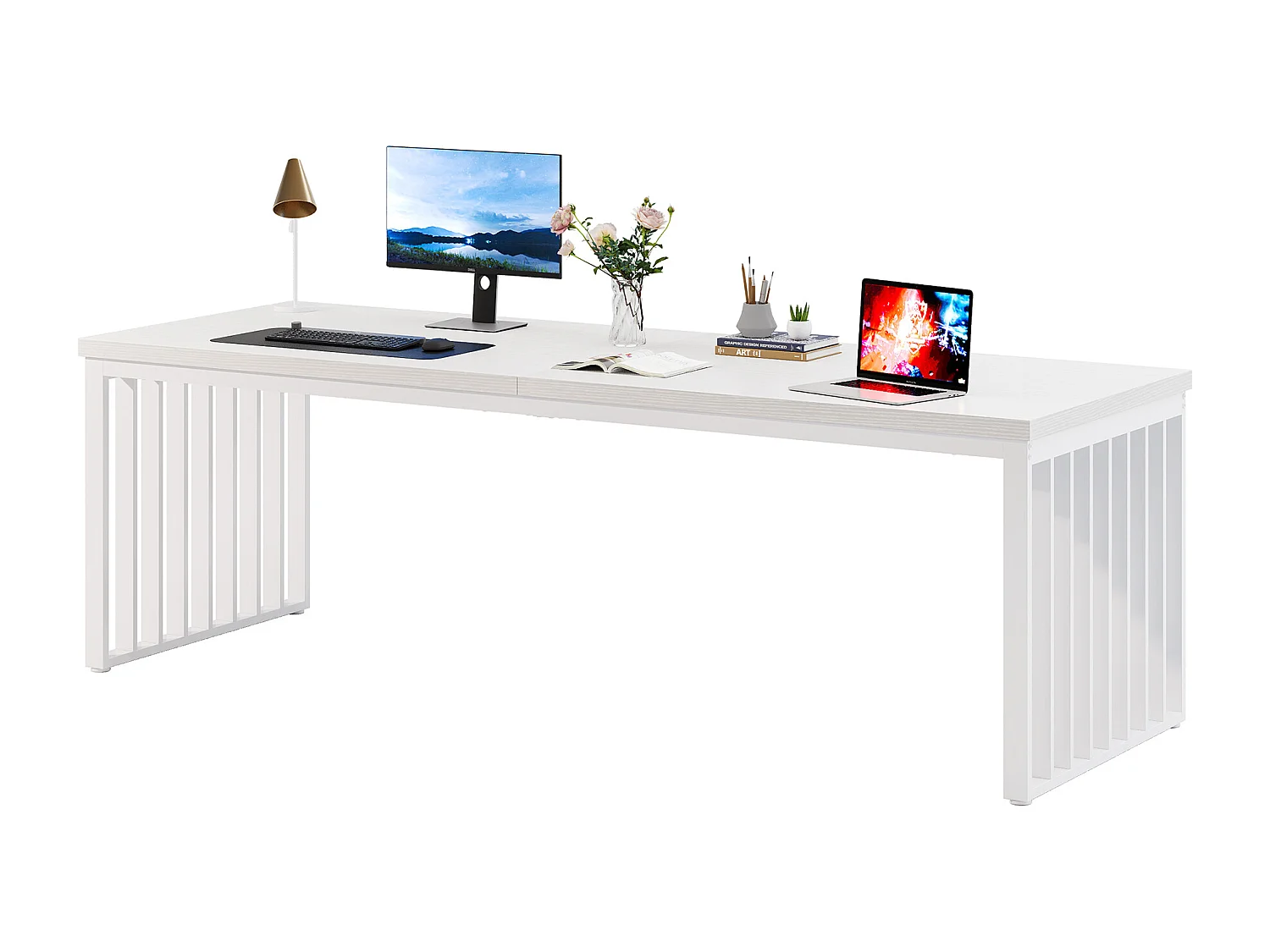 Bureau de 180 cm, grand bureau d'ordinateur, bureau PC, bureau avec cadre en métal robuste